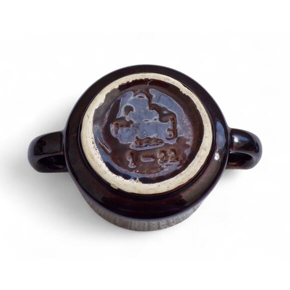 Brown Drip Glazed Pottery Sugar Bowl With Lid Handles 4" tall 4" wide - Picture 3 of 4